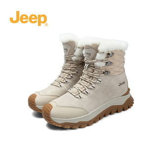Jeep吉普加绒加厚雪地靴女冬季户外厚底短靴保暖棉鞋 灰色 37 