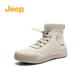 Jeep吉普袜靴女秋冬款厚底针织羊毛保暖短靴高帮鞋女 灰色加绒 37  灰色  加绒
