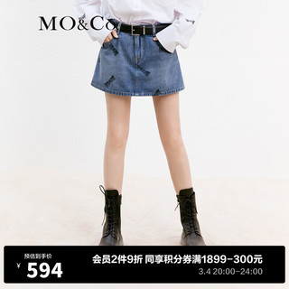 MO&Co.蝴蝶结洗水印花土耳其棉牛仔裙裤短裤美式复古裤子女 牛仔蓝色-第1批 25/XS