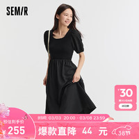 森马（Semir）连衣裙女泡泡袖修身2024夏拼接收腰肌理中长裙 黑色90001 155/80A/S