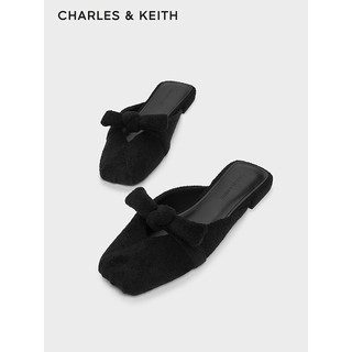CHARLES&KEITH24春季绒布蝴蝶结包头平底拖鞋女CK1-70920141 BLACK TEXTURED黑色纹理 37