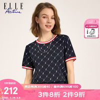 ELLE Active 洋气满印显瘦女士T恤夏季时尚潮流个性运动休闲圆领短袖T恤女 上衣-藏青色 XL