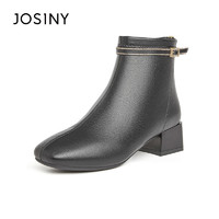 JOSINY 卓诗尼 高跟靴子2023冬新款加绒粗跟皮靴时尚方头短靴女通勤时装靴