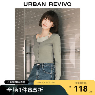 URBAN REVIVO UR2024春季女装假两件挂脖绑带设计感短款长袖T恤UWV440028 绿卡其