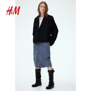 H&M女装短外套2024春季气质斜纹布短款海军大衣外套1209971 黑色 175/116C