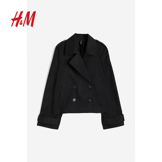H&M女装短外套2024春季气质斜纹布短款海军大衣外套1209971 黑色 175/116C