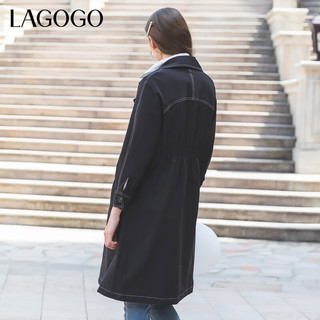 lagogo拉谷谷冬季黑色西装领中长款双排扣复古风衣外套女修身 黑色(W1) 160/M/38