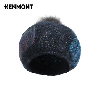 卡蒙（Kenmont）秋冬手工粗毛线贝雷帽女狐狸毛球大头围针织帽卷边后托帽km-9233