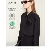 AMII2024春纯色通勤风翻领暗门襟乱麻纹直筒雪纺衬衫女款 黑色 165/88A/L