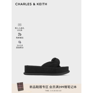 CHARLES&KEITH24春绒布扭结一字带厚底外穿拖鞋CK1-70381039 BLACK TEXTURED黑色纹理 38