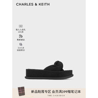 CHARLES&KEITH24春绒布扭结一字带厚底外穿拖鞋CK1-70381039 BLACK TEXTURED黑色纹理 36