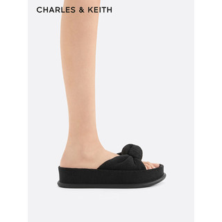 CHARLES&KEITH24春绒布扭结一字带厚底外穿拖鞋CK1-70381039 BLACK TEXTURED黑色纹理 40