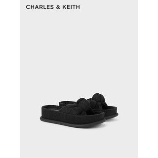 CHARLES&KEITH24春绒布扭结一字带厚底外穿拖鞋CK1-70381039 BLACK TEXTURED黑色纹理 39