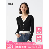 森马（Semir）针织开衫女短款假两件2024春紧身V领上衣显瘦 黑色调00399 165/88A/L