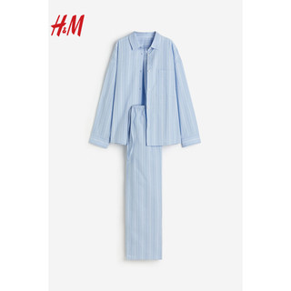 H&M女士2024春季家居服柔软棉质长袖衬衫长裤睡衣套装1040956 浅蓝色/条纹 170/104A (L)