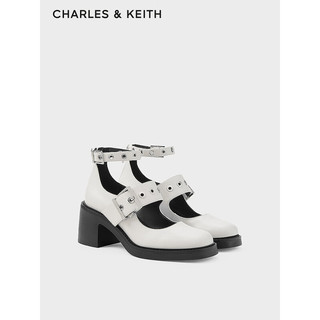 CHARLES&KEITH24春铆钉腕带粗跟玛丽珍鞋高跟鞋CK1-60380016 White白色 36