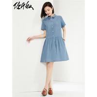 佐丹奴Giordano女装纯棉薄牛仔半开筒短袖衬衫连衣裙05464313 68中蓝 XL