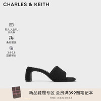 CHARLES&KEITH24春季绒布露趾外穿一字高跟凉拖CK1-60920366 BLACK TEXTURED黑色纹理 34