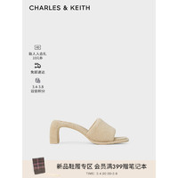 CHARLES&KEITH24春季绒布露趾外穿一字高跟凉拖CK1-60920366 Beige米色 41