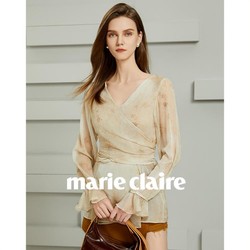 Marie Claire 嘉人 2024推荐舒适透气不规则系带V领喇叭袖女式衬衫上衣