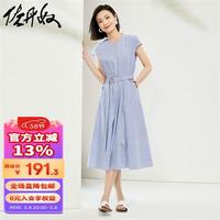 佐丹奴裙子女装条纹梭织小V领配腰带短袖连衣裙 18464605 02蓝白条纹 L