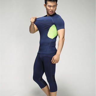 虎迹 2024年运动男士塑型衣秋季紧身衣运动服速干训练服装二件套 宝蓝拼绿（无袖短裤） L（145斤左右）