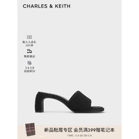 CHARLES&KEITH24春季绒布露趾外穿一字高跟凉拖CK1-60920366 BLACK TEXTURED黑色纹理 38