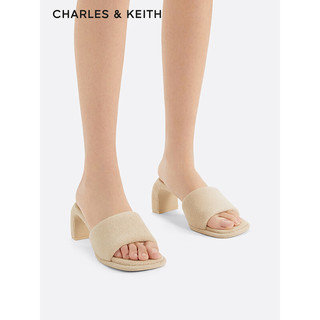 CHARLES&KEITH24春季绒布露趾外穿一字高跟凉拖CK1-60920366 Beige米色 39