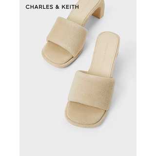 CHARLES&KEITH24春季绒布露趾外穿一字高跟凉拖CK1-60920366 Beige米色 39