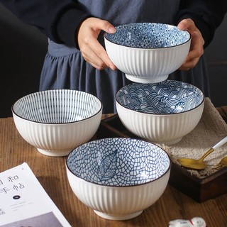 日式竖纹釉下彩陶瓷餐具6英寸碗4个装拉面碗汤碗米饭碗