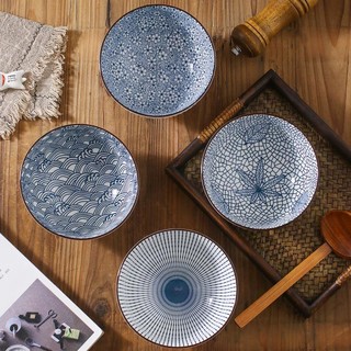 日式竖纹釉下彩陶瓷餐具6英寸碗4个装拉面碗汤碗米饭碗
