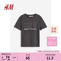 H&M女装T恤夏季音乐节穿搭短袖宽松圆领印花棉质上衣0762470 深灰色/AC/DC 170/104A
