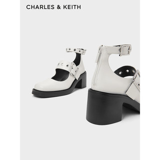 CHARLES&KEITH24春铆钉腕带粗跟玛丽珍鞋高跟鞋CK1-60380016 White白色 35