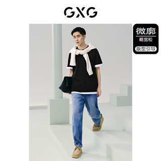 GXG男装 双色含桑蚕丝分割设计圆领短袖T恤男士上衣 24年夏 黑色 165/S