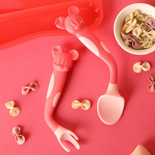 迪士尼（Disney）学习训练叉勺辅食勺婴儿餐具带收纳盒硅胶可弯曲扭扭勺组合 迪士尼-珊瑚红扭扭勺