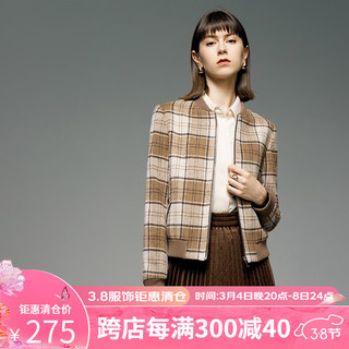 颜域短款格子棒球服女士休闲夹克圆领上衣美拉德外套 咖格 XL/42