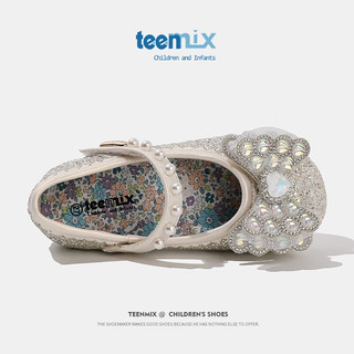 天美意（TEENMIX）天美意女童水晶鞋公主2024春季儿童皮鞋水钻演出单鞋宝宝 米色 单层  32码