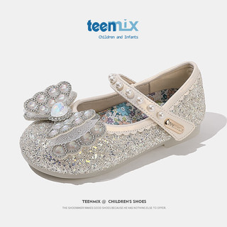 天美意（TEENMIX）天美意女童水晶鞋公主2024春季儿童皮鞋水钻演出单鞋宝宝 米色 单层  34码