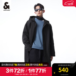 杰克·琼斯（JACK&JONES）男装风衣外套男春秋三防风衣休闲连帽立领中长款大衣高级感痞帅 黑色E40 165/88A/XS