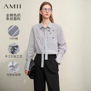 AMII 2024春翻领蜜蜂钉钻配领带法式条纹衬衫女宽松衬衣12451020 黑白条 160/84A/M