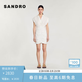 SANDRO2024早春女装法式白色抽皱包臀V无袖连衣裙SFPRO03529 10/白色 34