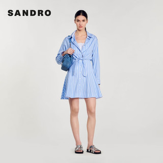 SANDRO2024早春女装法式蓝色衬衫领条纹收腰连衣裙SFPRO03598 D251/蓝色 34