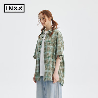 英克斯（inxx）APYD 时尚潮牌夏新品格纹短袖衬衣男女同款APE2040645 绿色 S