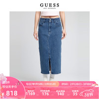 GUESS 24年春季女士ins风设计款气质开叉半身牛仔裙-YO2D6552 MBL-深蓝色 26