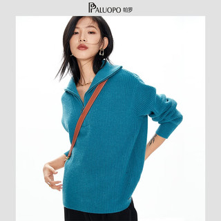帕罗（PALUOPO）秋冬羊绒衫女士 半高领加厚拉链提花100%山羊绒毛衣 深蓝绿 95/S(85斤-100斤)