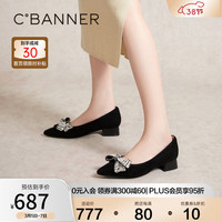 C.BANNER千百度粗跟晚晚鞋2024春季中跟羊皮浅口尖头单鞋女通勤舒适 黑色 35