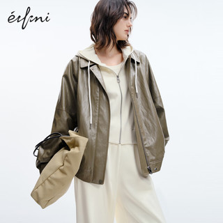 伊芙丽（eifini）伊芙丽美拉德穿搭大口袋皮质工装感夹克外套女装通勤上衣 森林绿 170/92A/XL