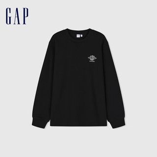 Gap男女装2024春季华夫格肌理圆领长袖T恤套头上衣417150 黑色 180/100A(XL)亚洲尺码