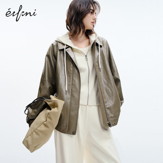 伊芙丽（eifini）伊芙丽美拉德穿搭大口袋皮质工装感夹克外套女装通勤上衣 森林绿  165/88A/L  135-160斤