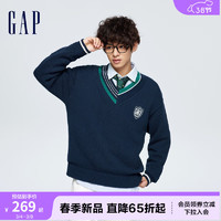 Gap男装春季2024LOGO学院风不对称V领针织衫885857宽松毛衣 海军蓝 180/100A(XL)亚洲尺码